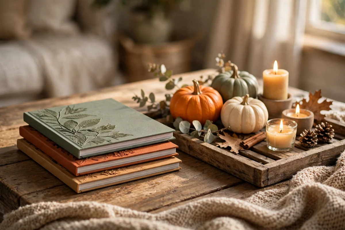 Small stack of seasonal magazines beside an autumn tray