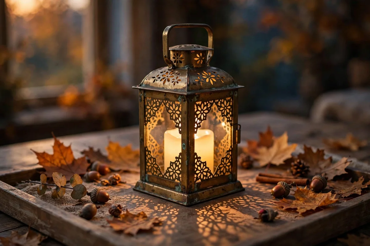 Brass lantern with battery candle glowing on a tray