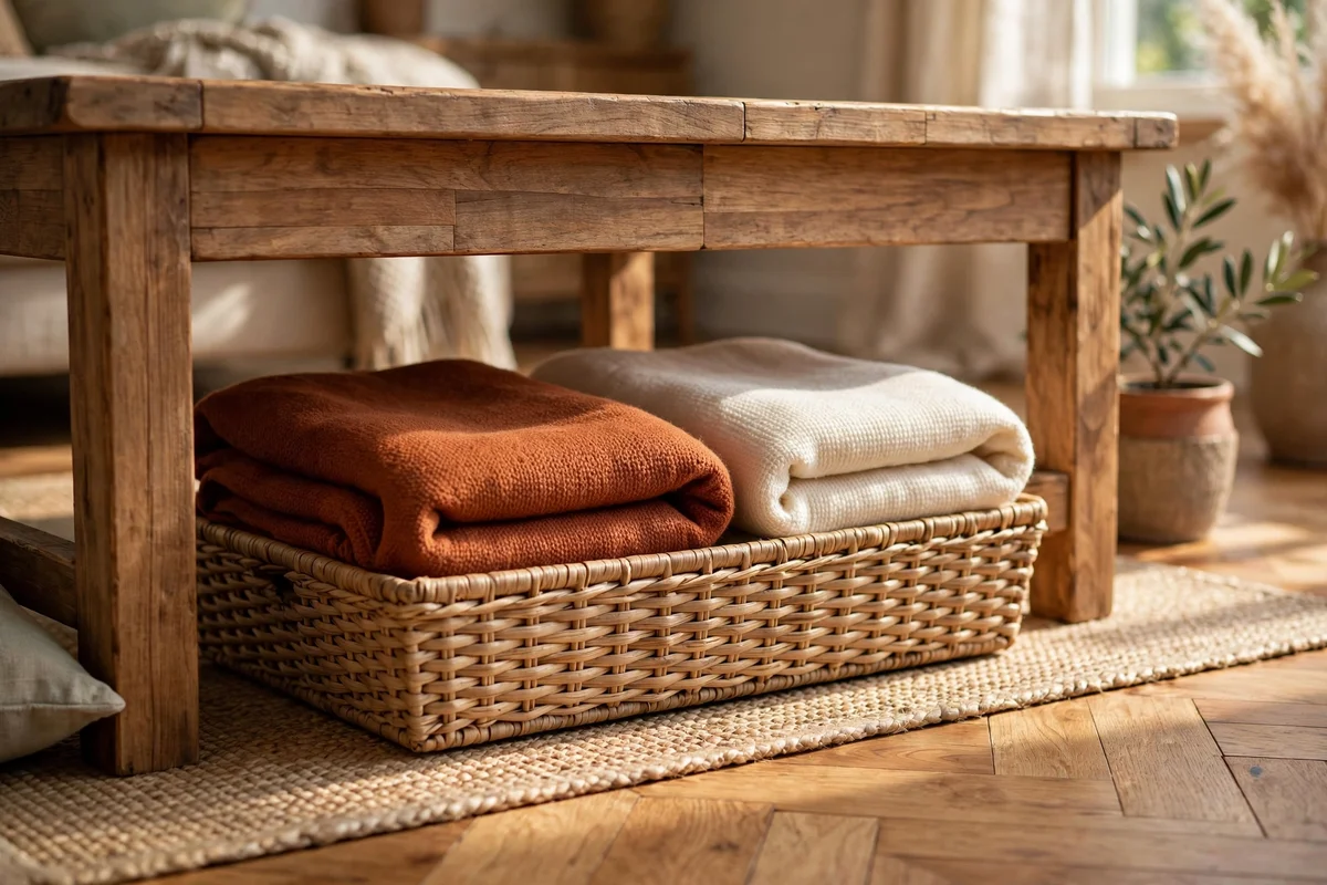 Flat basket under the coffee table storing folded throws