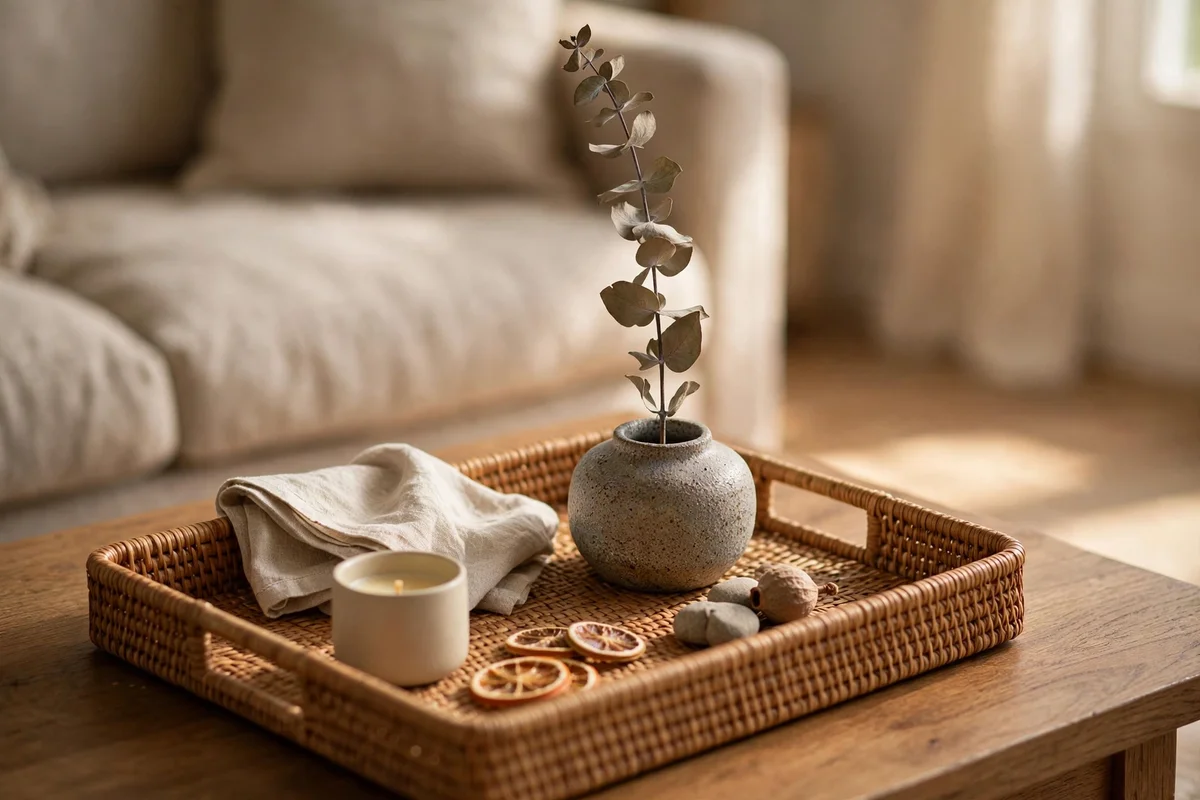 Single dried branch in a low stoneware vase on the tray