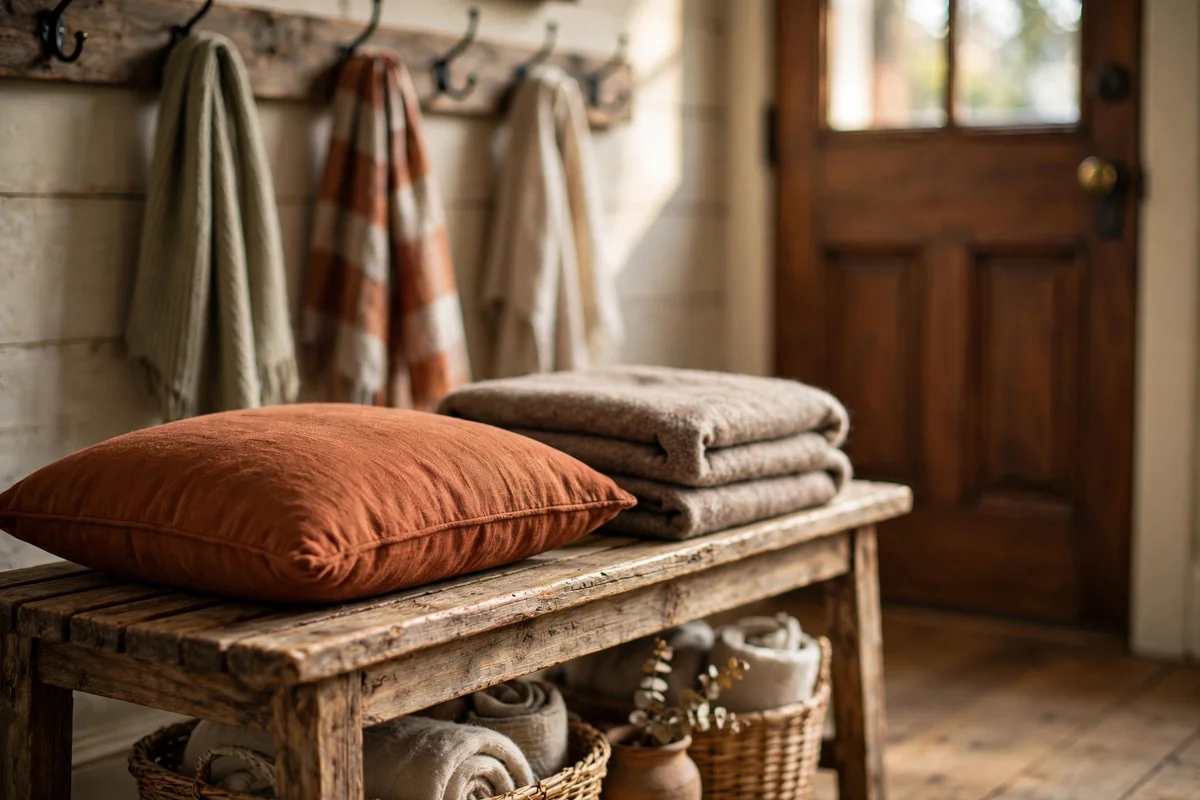 A wooden entry bench styled with a russet cushion and a neatly folded wool throw beside the front door.
