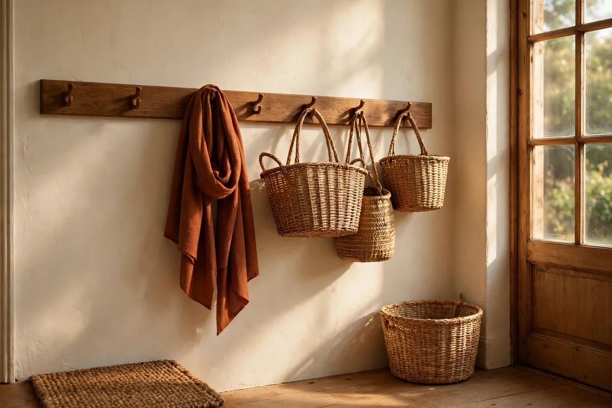 An entry wall with a wooden row of hooks holding a warm scarf and woven market baskets.