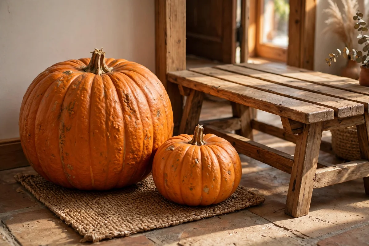 A pair of pumpkins of different sizes resting on the floor beside a wooden entry bench.