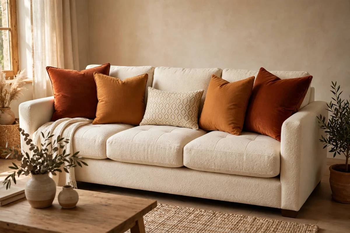 A cream sofa dressed with russet, amber and cream cushions in autumn tones for the living room refresh.