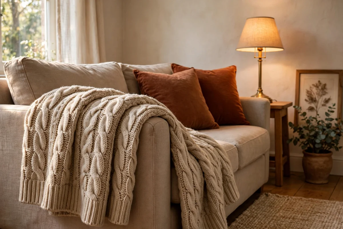 A chunky knit cream throw folded neatly over the arm of a living room sofa.