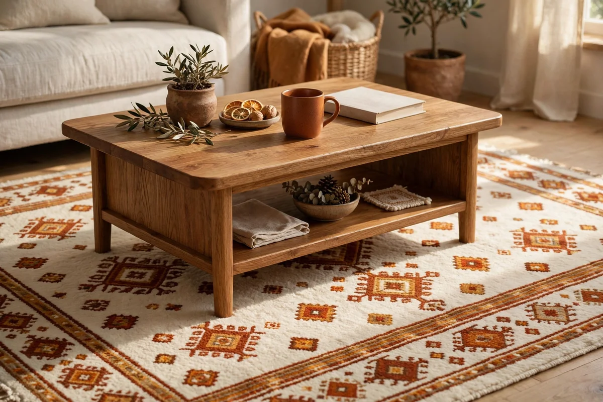A warm patterned wool rug layered under a wooden coffee table in a cosy autumn living room.