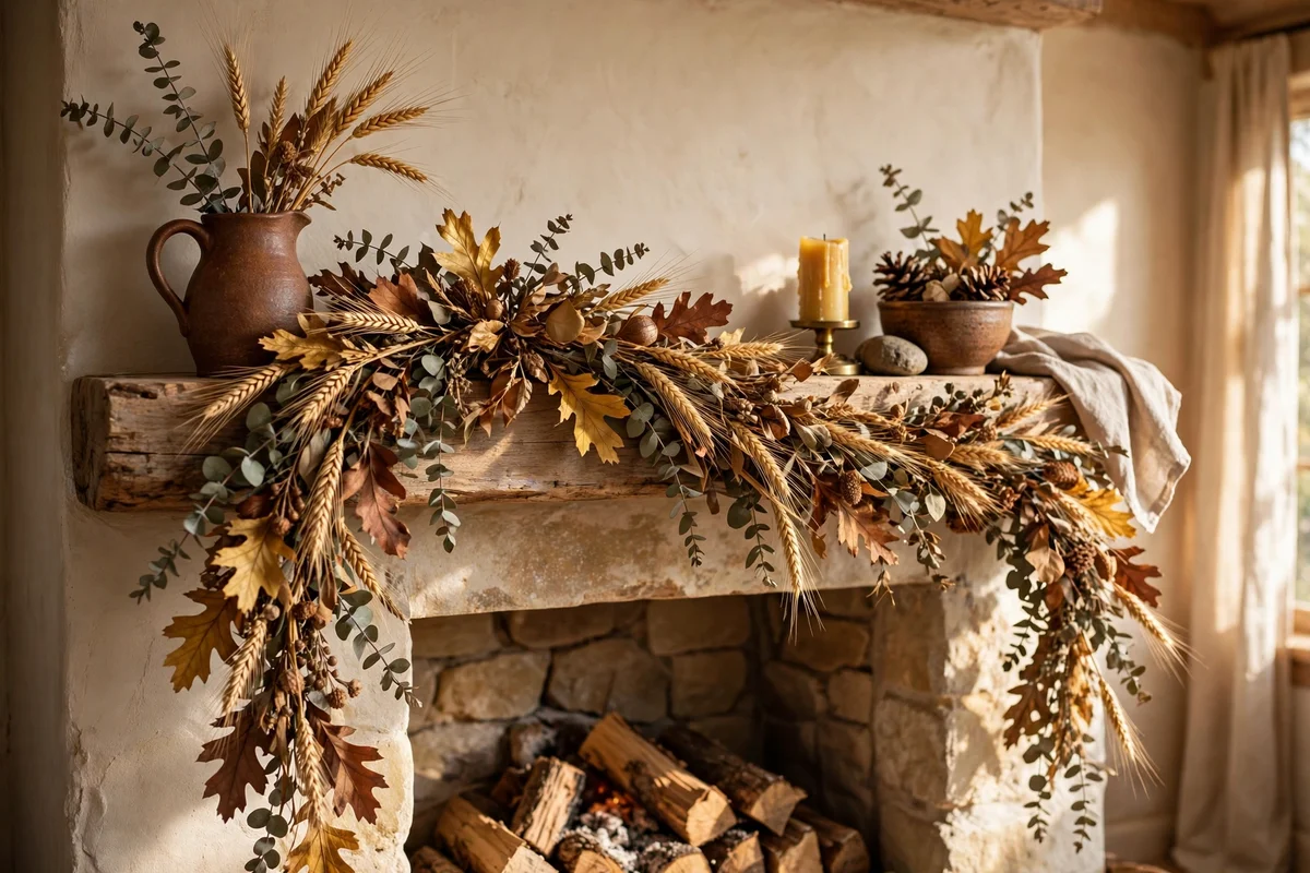 A fireplace mantel styled with a dried foliage garland of eucalyptus and wheat in autumn tones.