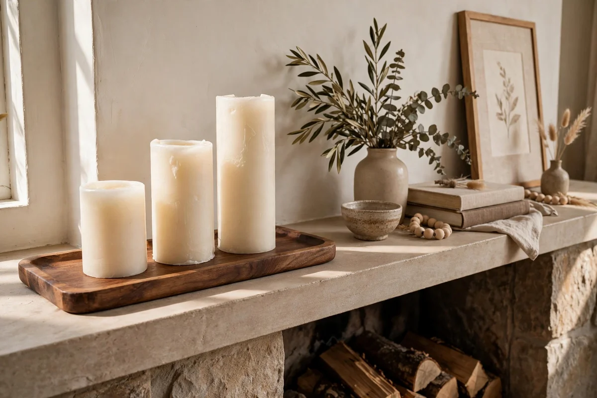 Three pillar candles of different heights grouped on a walnut tray at one end of a styled mantel.