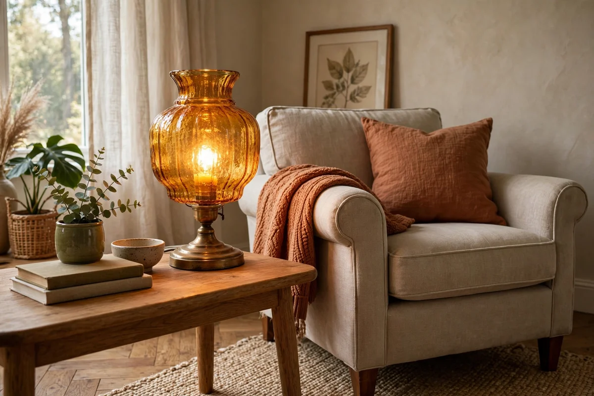 A living room side table lamp with an amber glass shade casting warm light beside the sofa.
