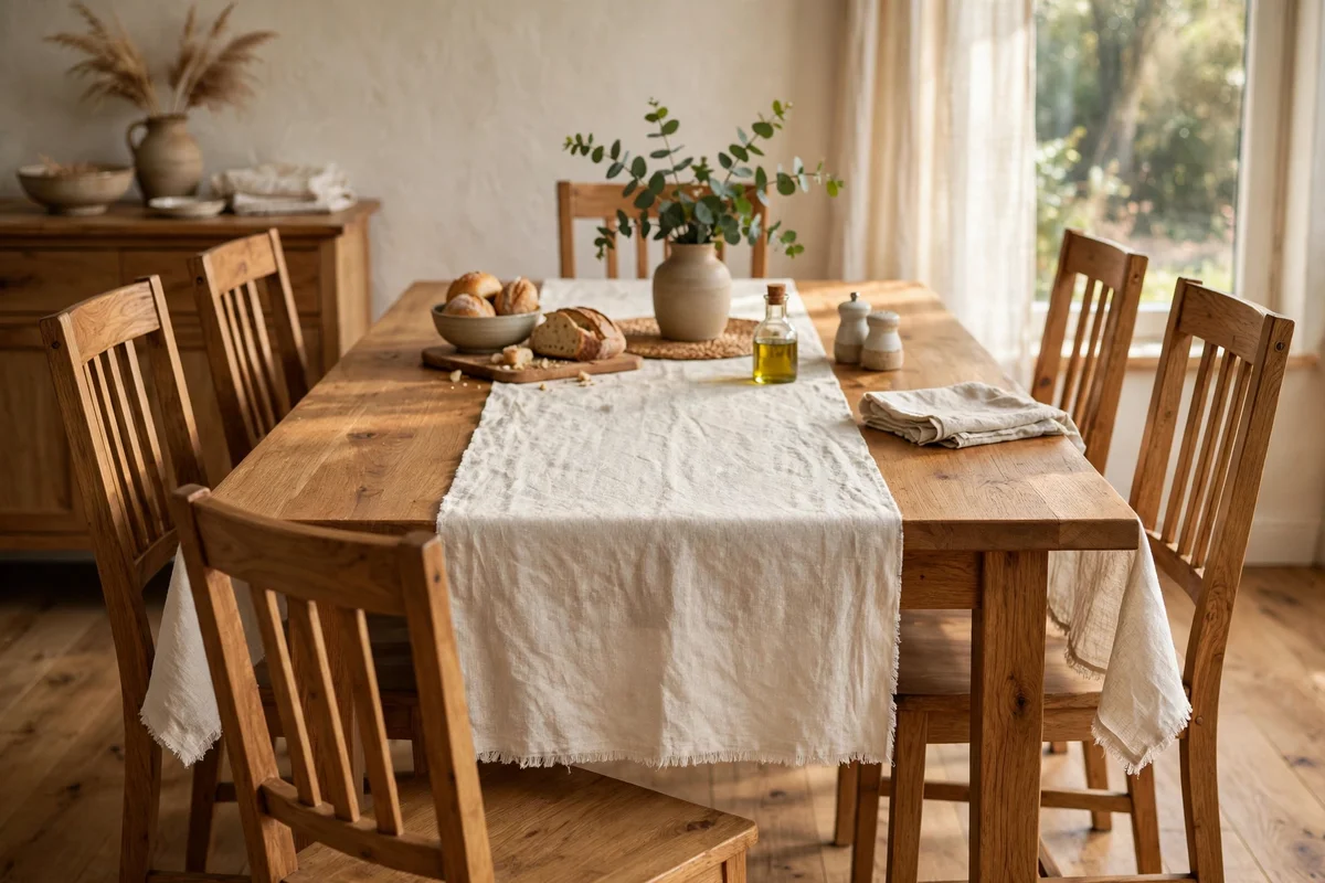 A dining table with a natural linen runner laid down the centre, ready for autumn styling.
