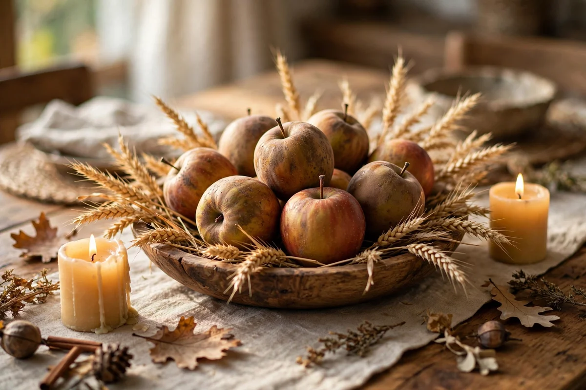 A low harvest centerpiece of apples, dried wheat and candles in a wooden bowl on the dining table.
