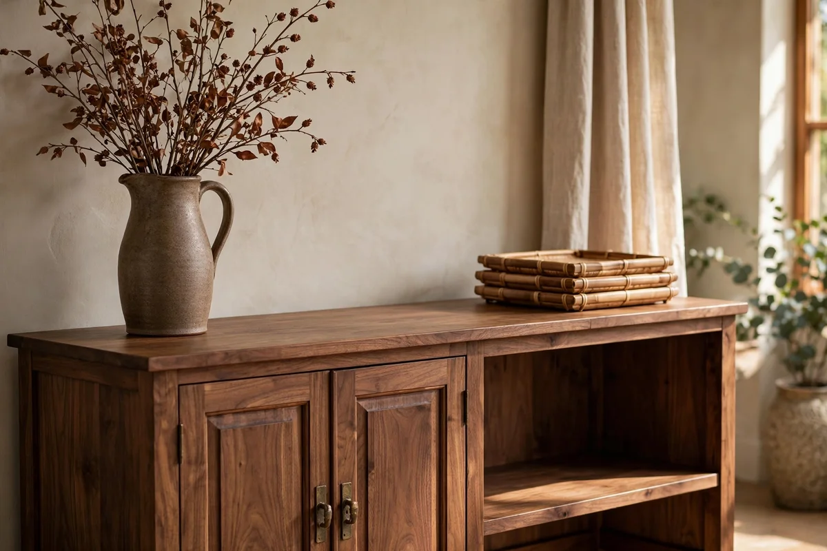 A dining sideboard styled with a stoneware pitcher of dried branches and stacked serving trays.