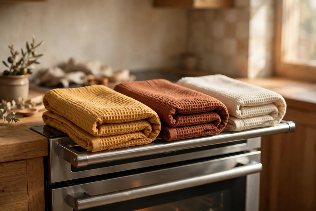 A kitchen oven rail with ochre, russet and cream cotton towels folded neatly in autumn tones.