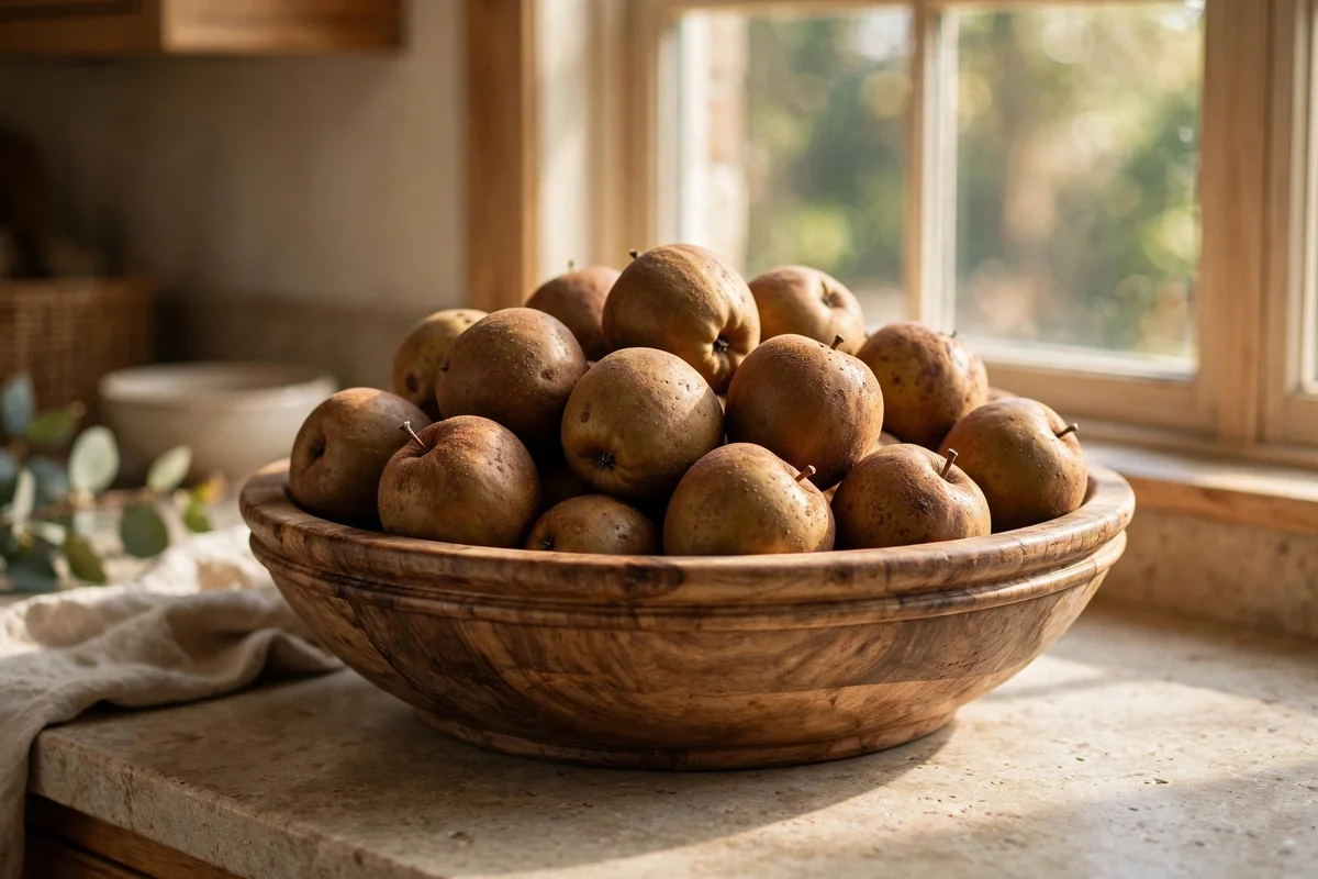 A wooden bowl filled with russet apples sitting on a kitchen counter near the window.