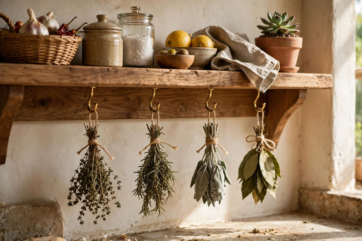 An open kitchen shelf with small bunches of dried herbs hanging from brass hooks underneath.