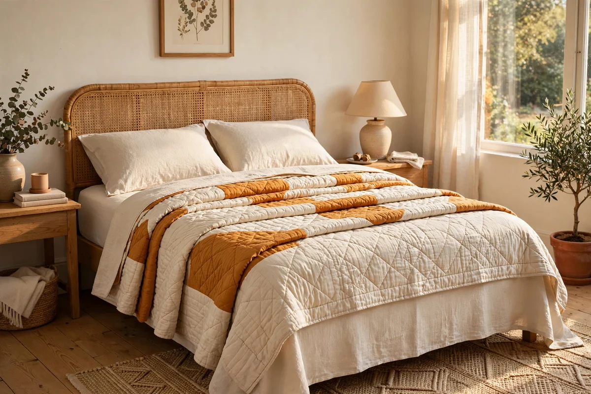 A bed dressed with a quilted amber check blanket folded back at the head, warm bedroom light.