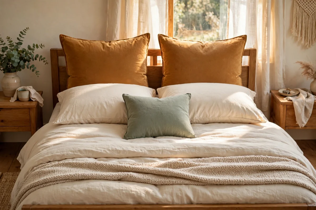 A styled bed with amber euro cushions and a small sage cushion layered against cream pillows.