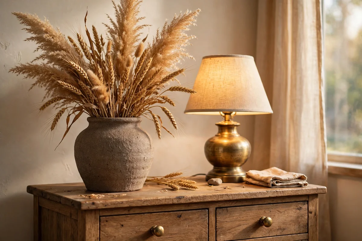 A nightstand with a small ceramic vase of dried golden grasses beside a warm lamp.