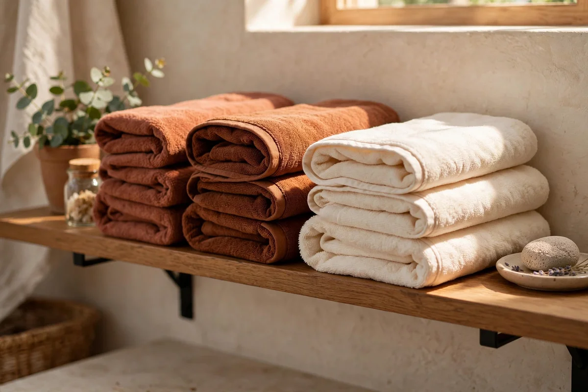 A bathroom shelf with neatly folded russet and cream towels stacked in thirds, fold edges forward.