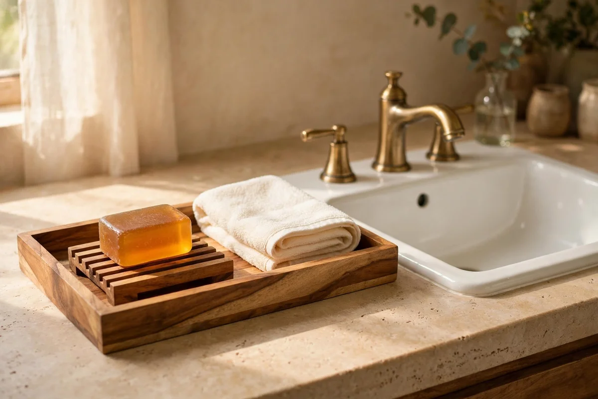 A wooden tray beside a bathroom sink holding amber soap and a folded cream hand towel.