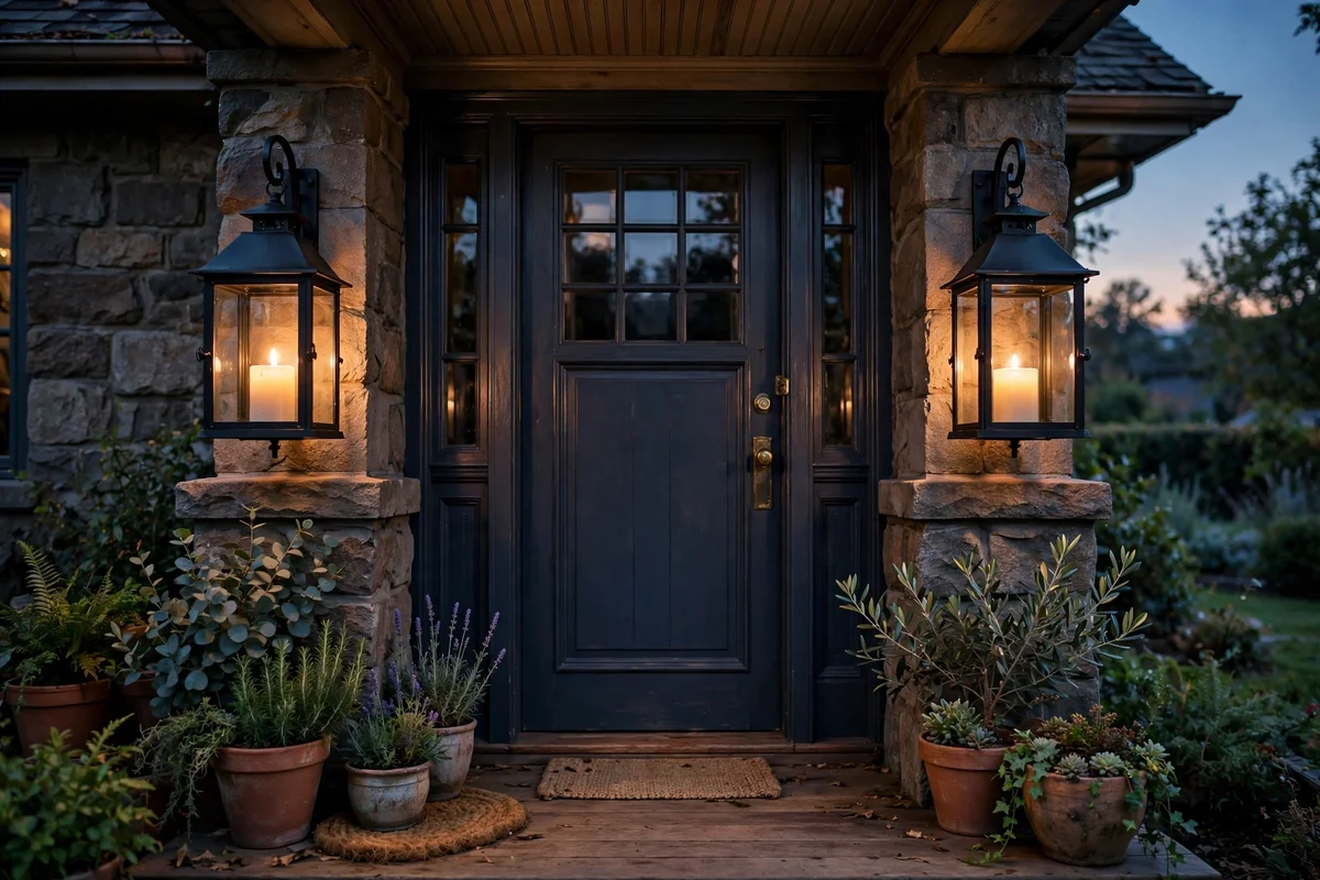A front door flanked by two glowing storm lanterns on the porch at dusk.