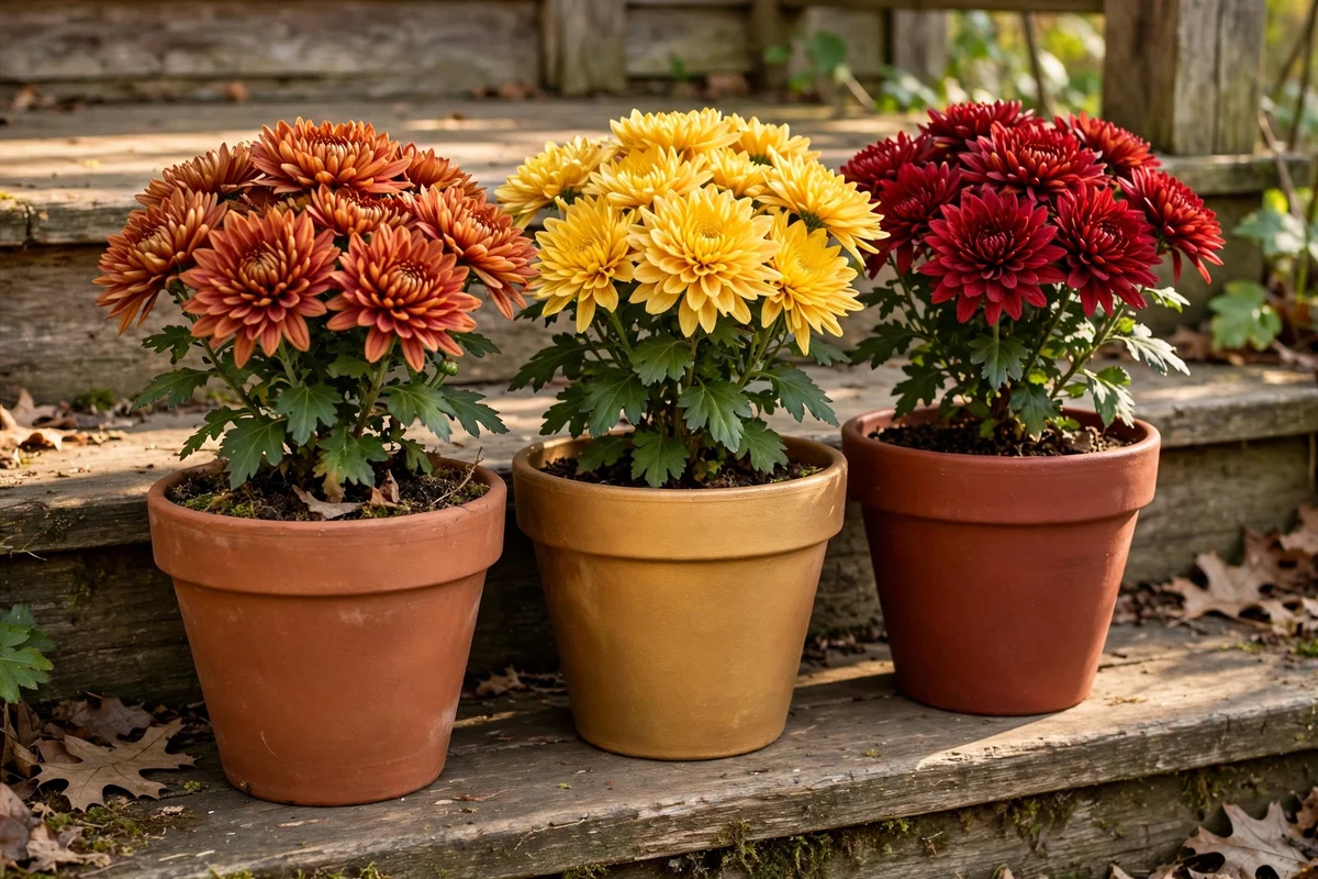 A porch corner with three chrysanthemums in plain terracotta pots in russet, gold and red.