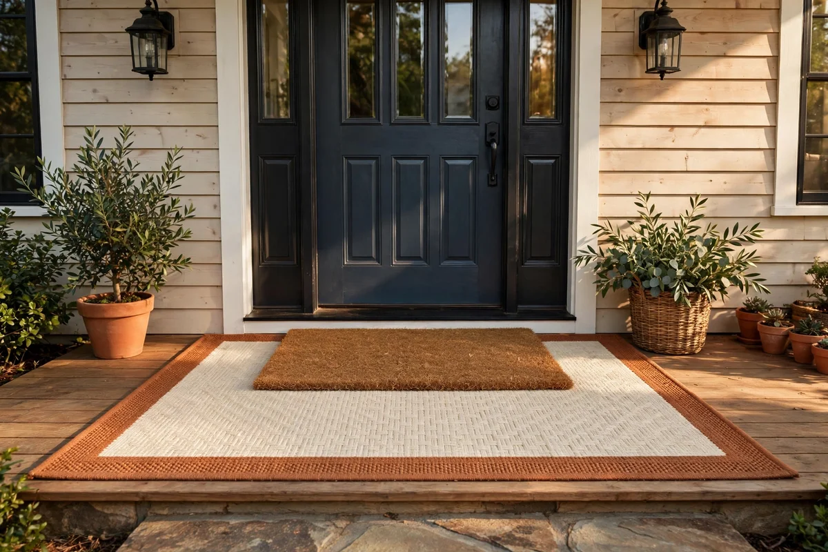 A porch entry with a coir doormat layered over a flatweave rug in cream and russet tones.