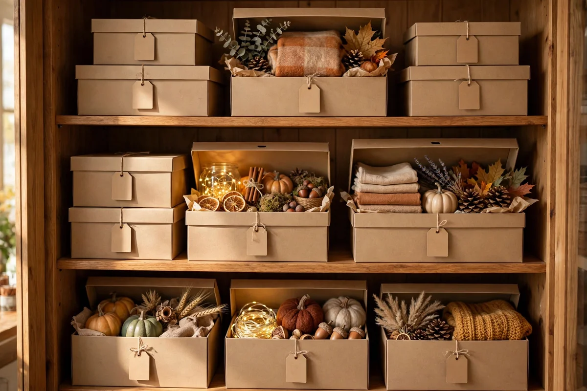 A neat row of labelled storage boxes in a cupboard holding packed autumn decor by room.