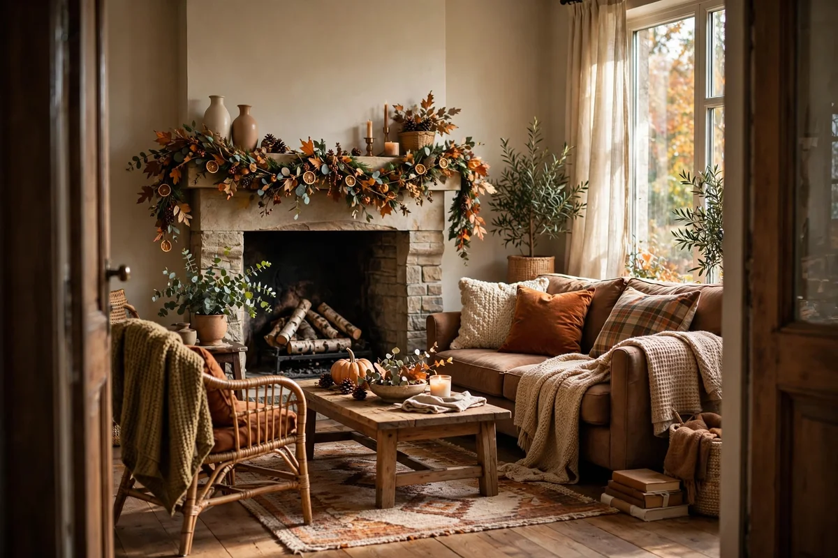 A person-free photograph style view of a finished autumn living room ready to be documented for next year.