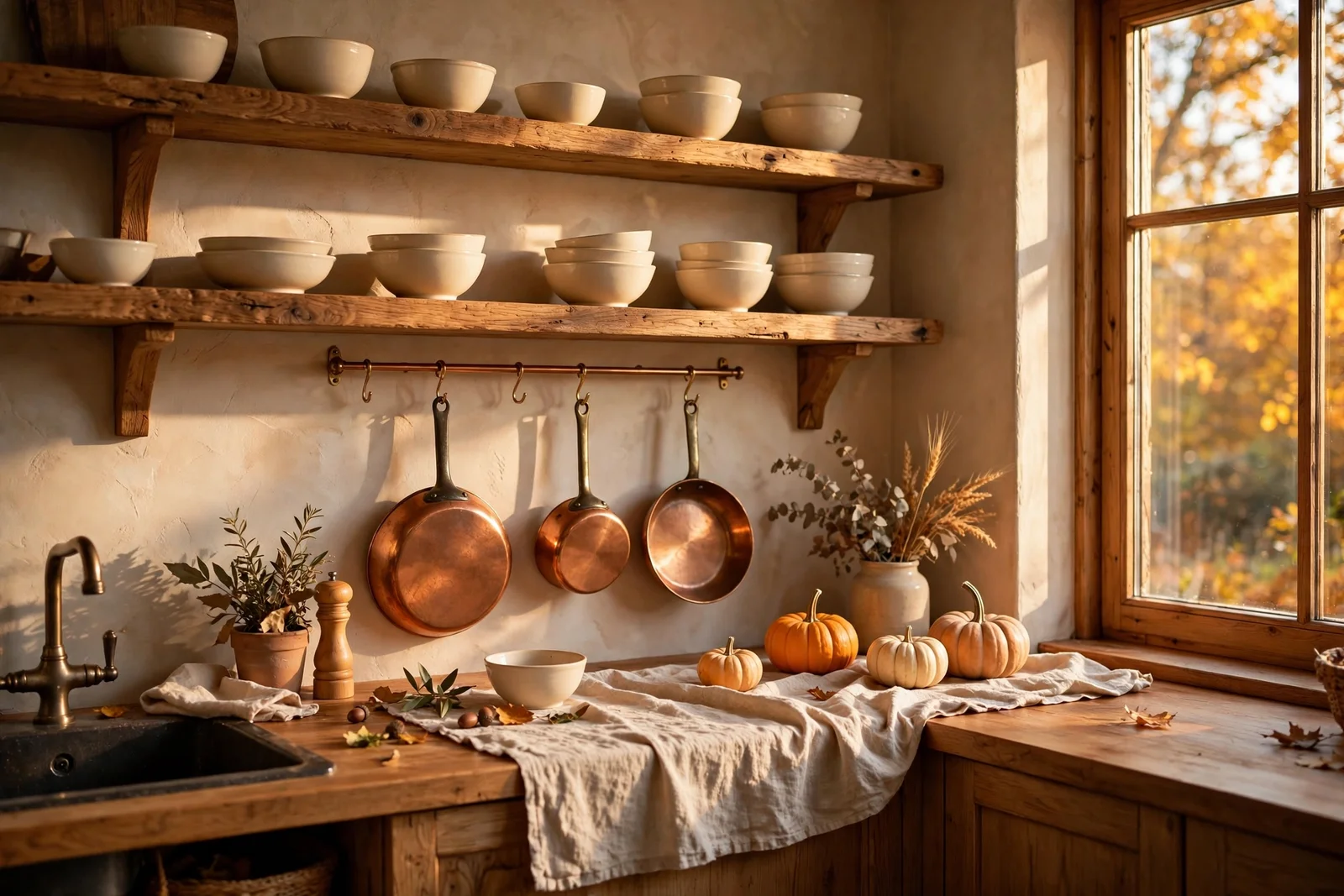 Warm autumn kitchen with cream bowls, copper pans and pumpkins in golden light