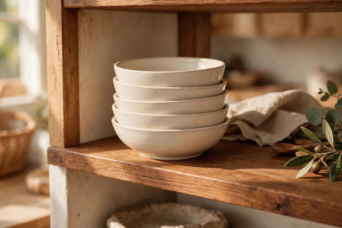 Stack of five cream bowls on an open wooden kitchen shelf