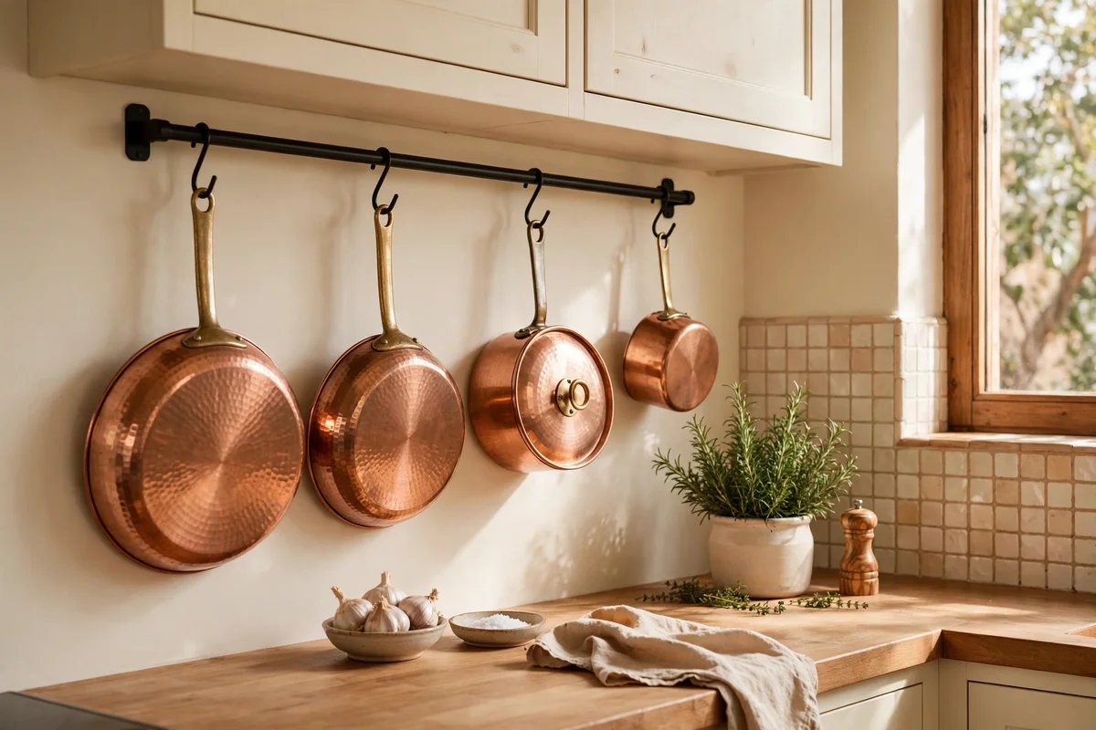 Copper pans hanging on a rail in a warm cream kitchen