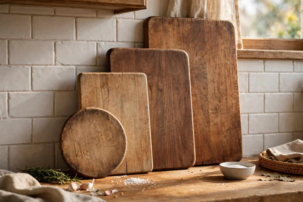 Graduated wooden chopping boards leaning on a kitchen splashback