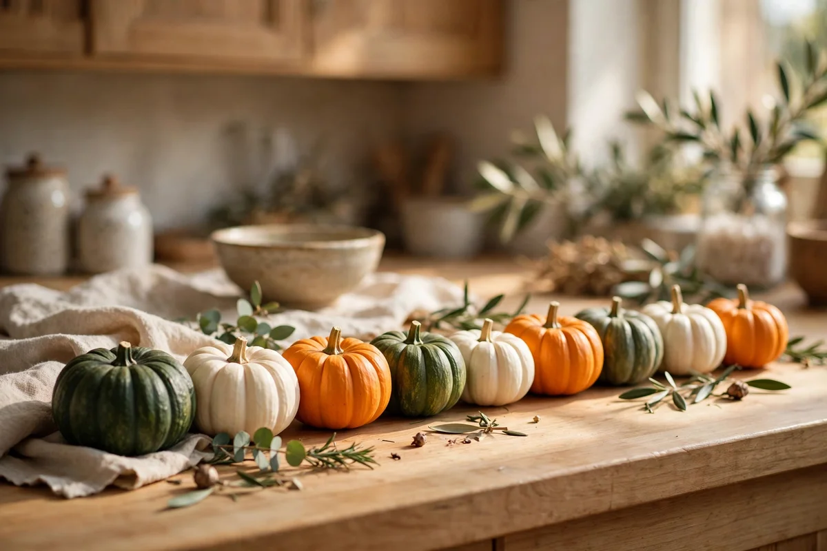 Small pumpkins in mixed colours along a kitchen worktop edge