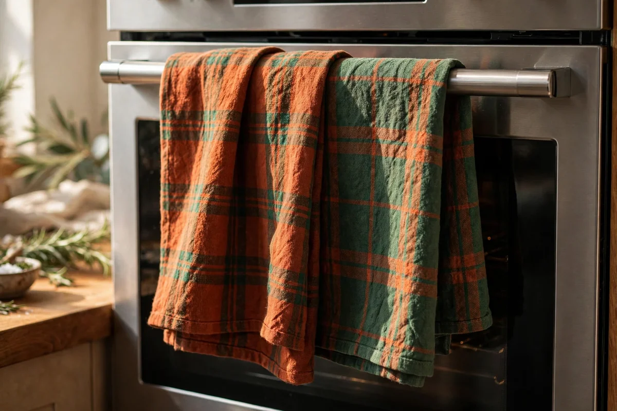 Plaid tea towels folded over a kitchen oven handle