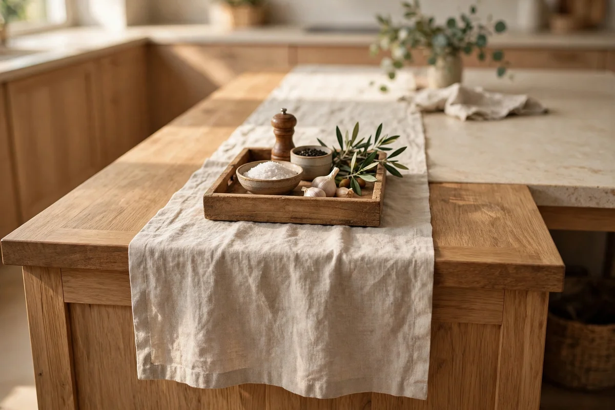 Natural linen runner down the centre of a kitchen island