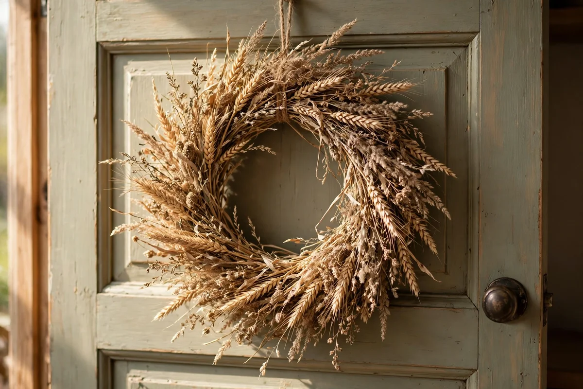 Dried wheat wreath hanging on a wooden pantry door