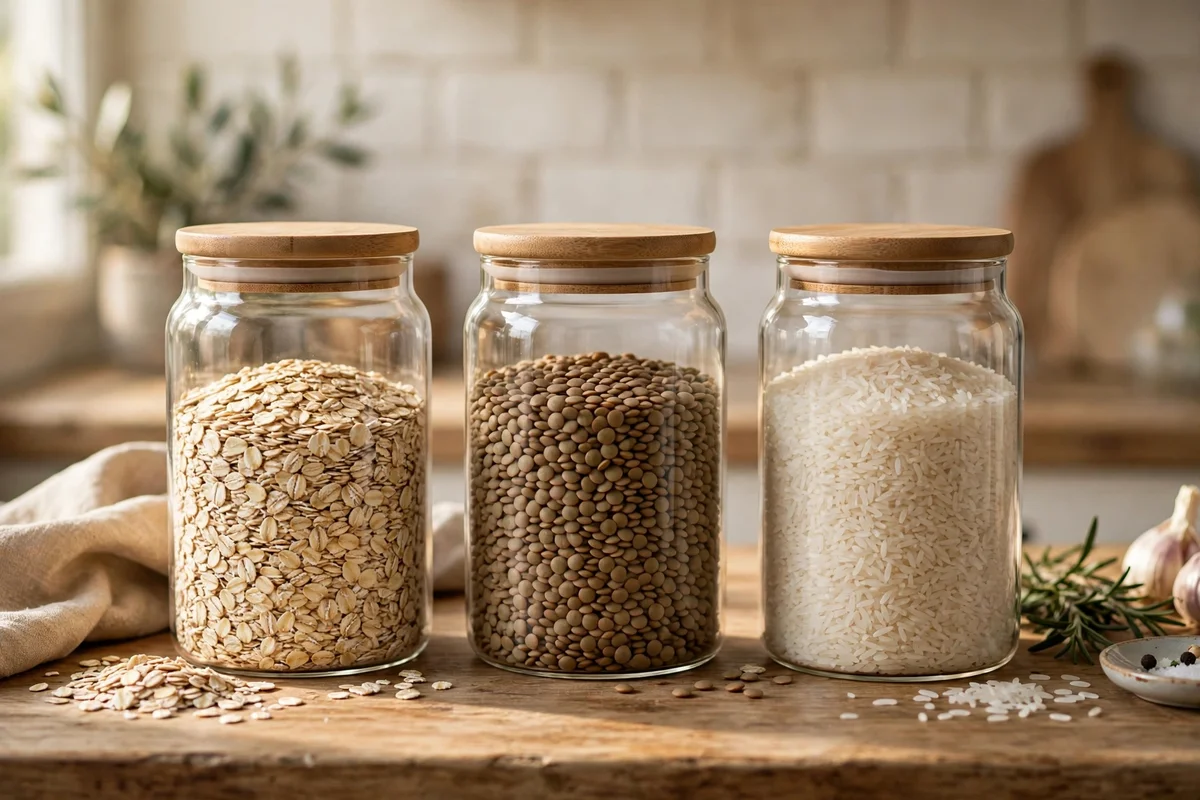 Glass canisters of grains and lentils lined on a kitchen counter