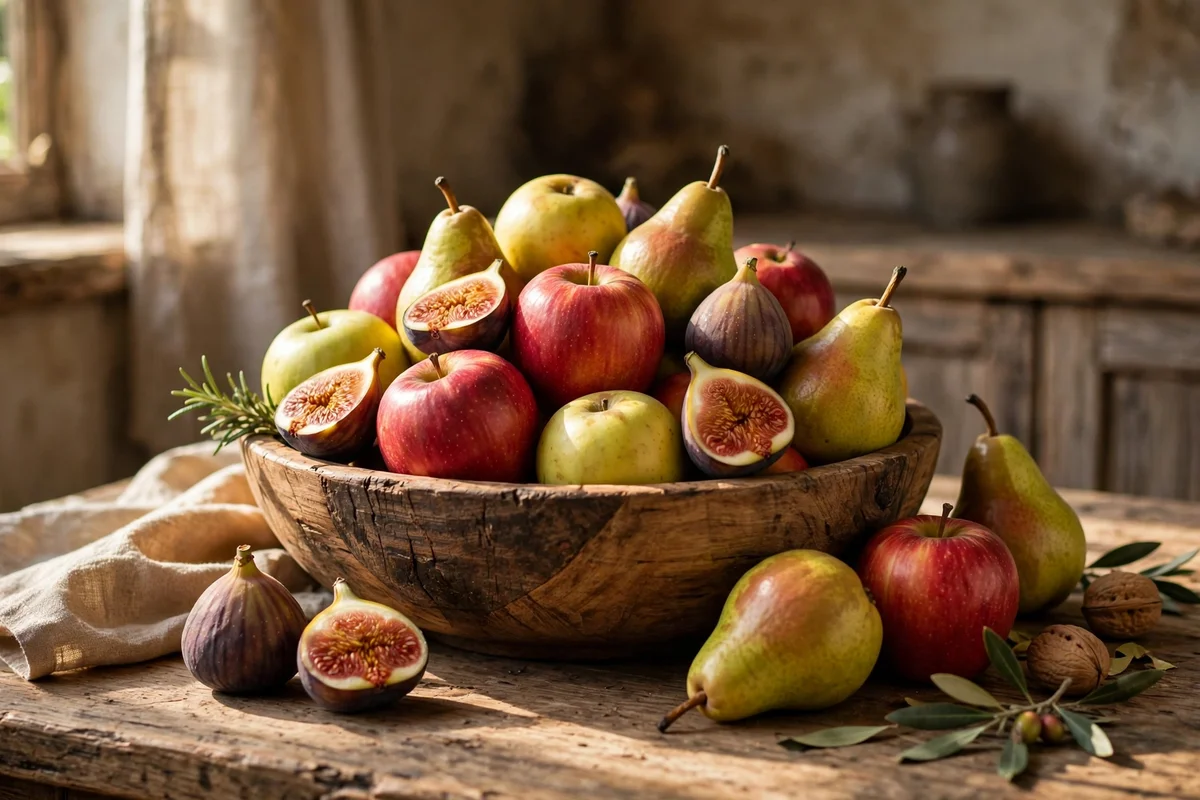 Wooden bowl of harvest fruit centred on a kitchen table