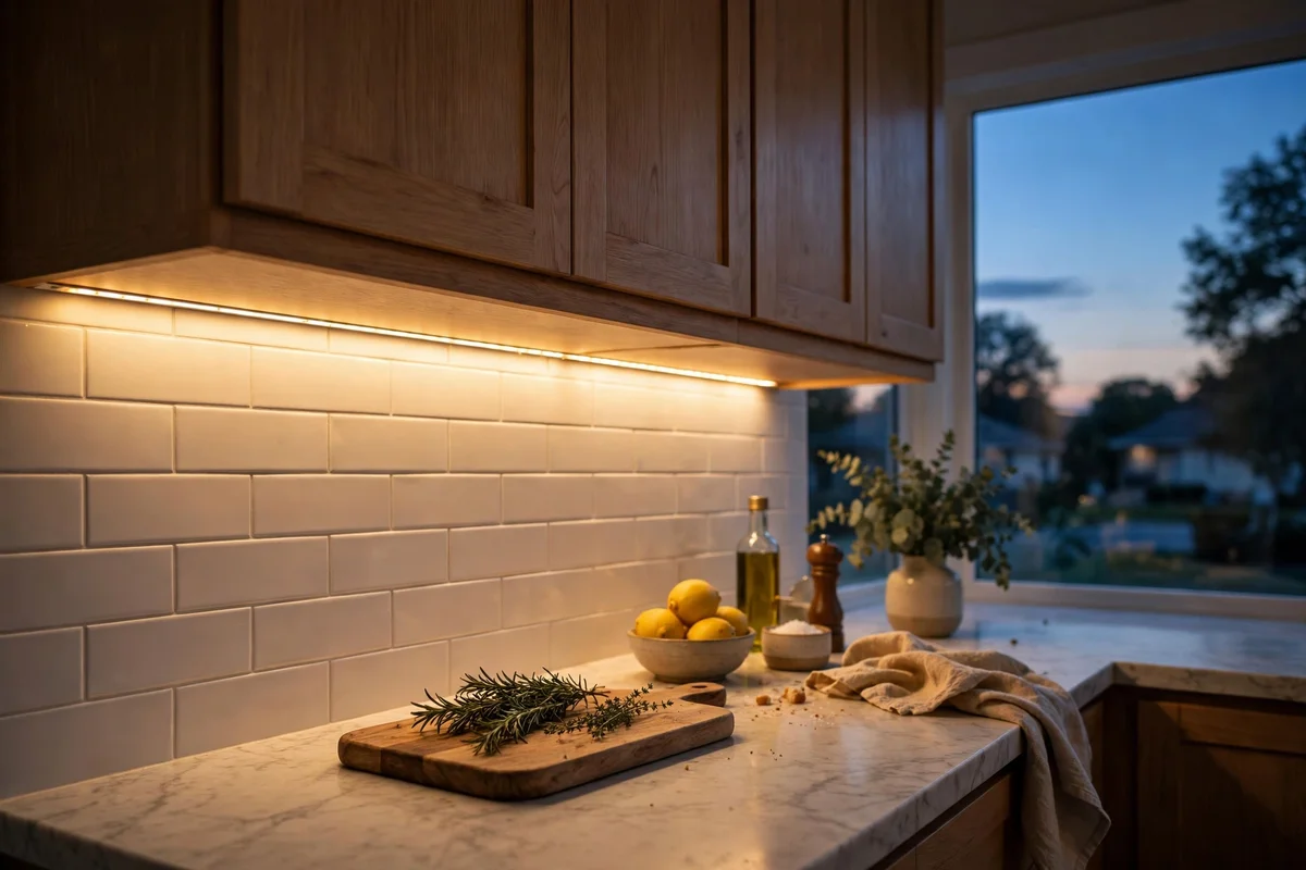 Warm under cabinet lighting glowing over a kitchen worktop
