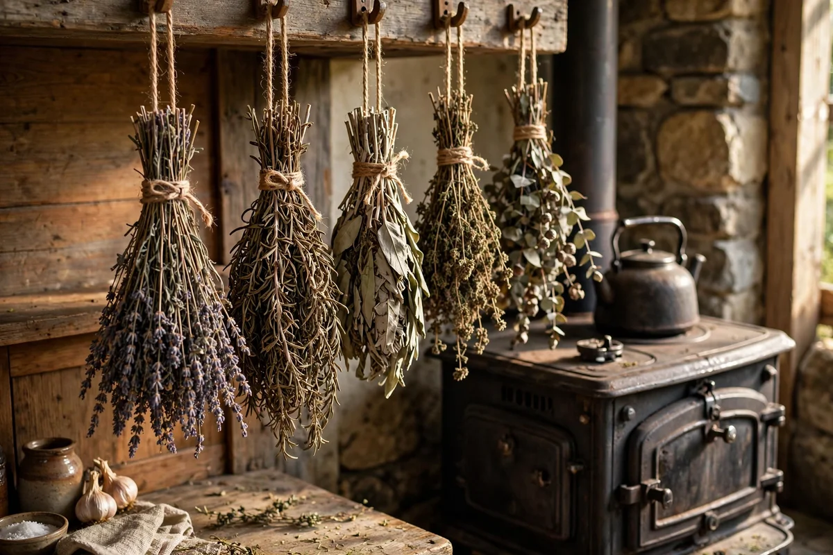 Dried herb bundles tied with twine hanging near the stove