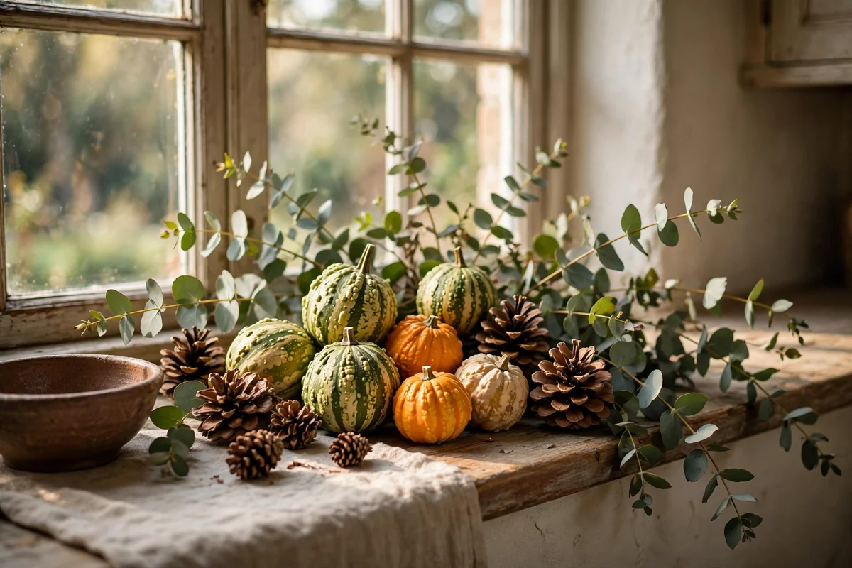 Small gourds and pinecones lined along a kitchen windowsill