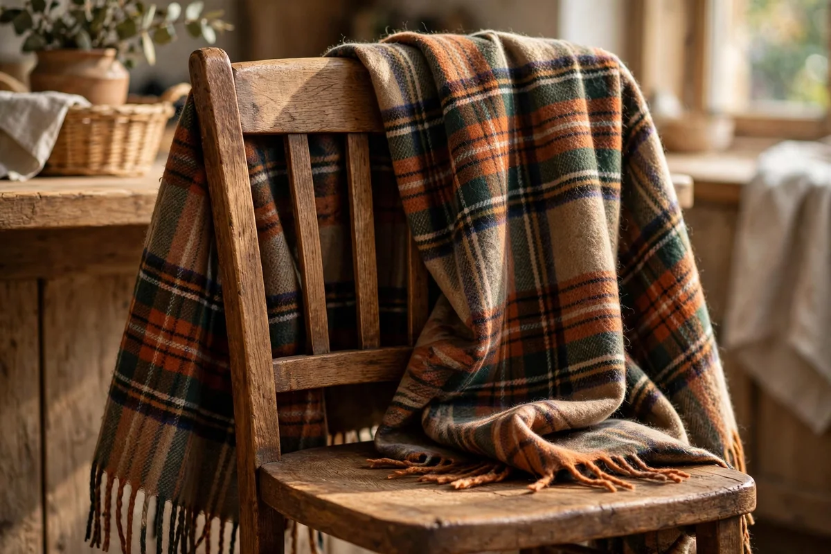 Plaid wool throw draped over a wooden kitchen chair