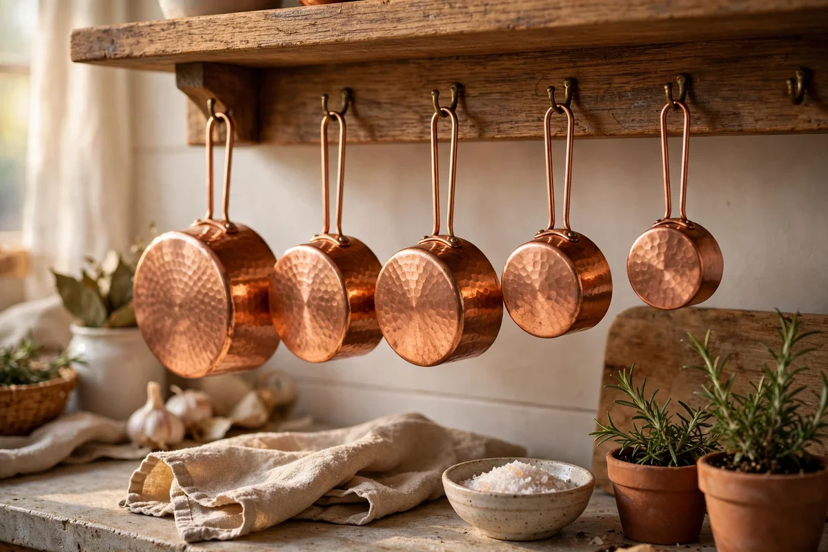 Copper measuring cups hanging from hooks under a shelf