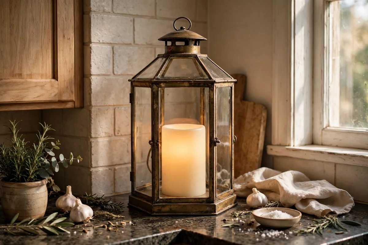 Glass lantern with flameless candle glowing in a kitchen corner