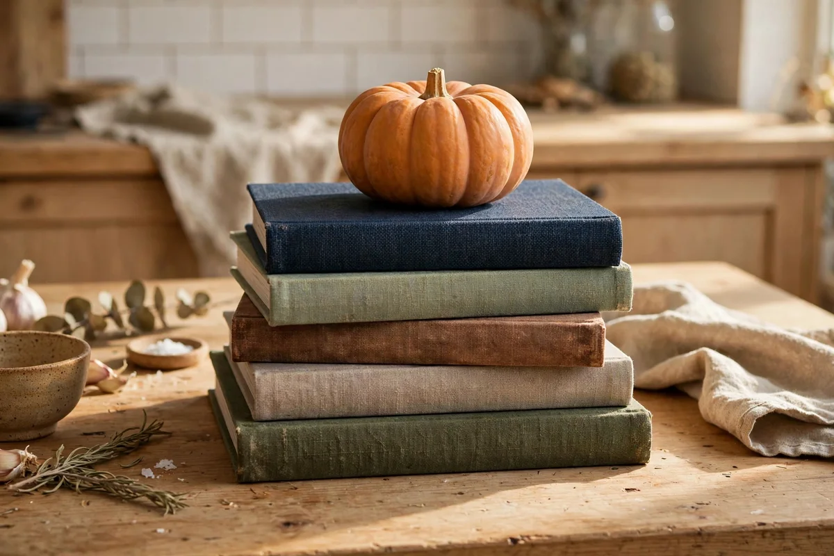 Stack of cookbooks topped with a small pumpkin