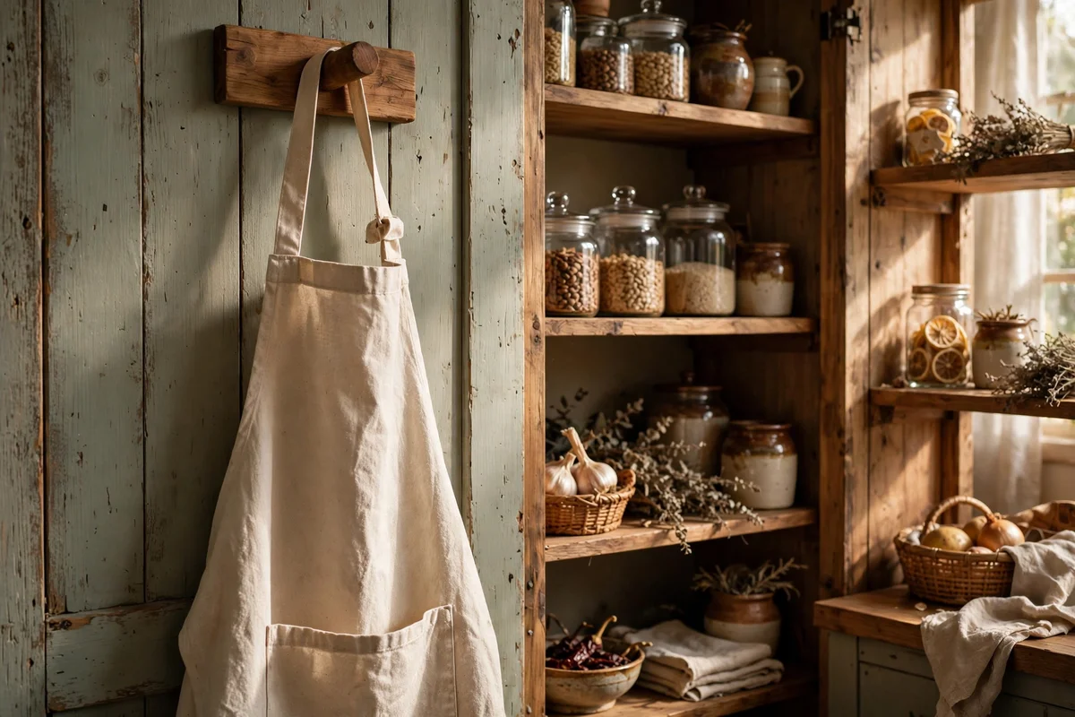 Cotton apron hanging on a wooden peg by the pantry