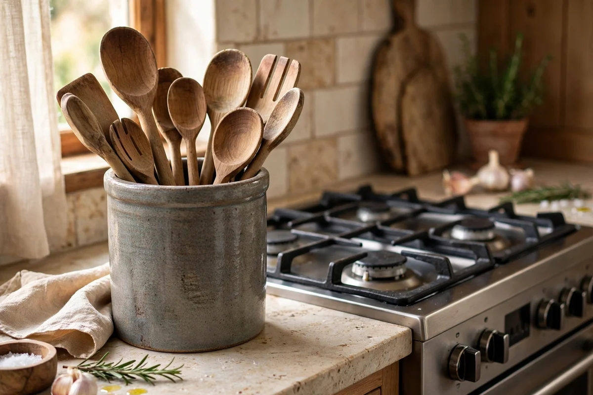 Stoneware crock of wooden spoons beside the hob