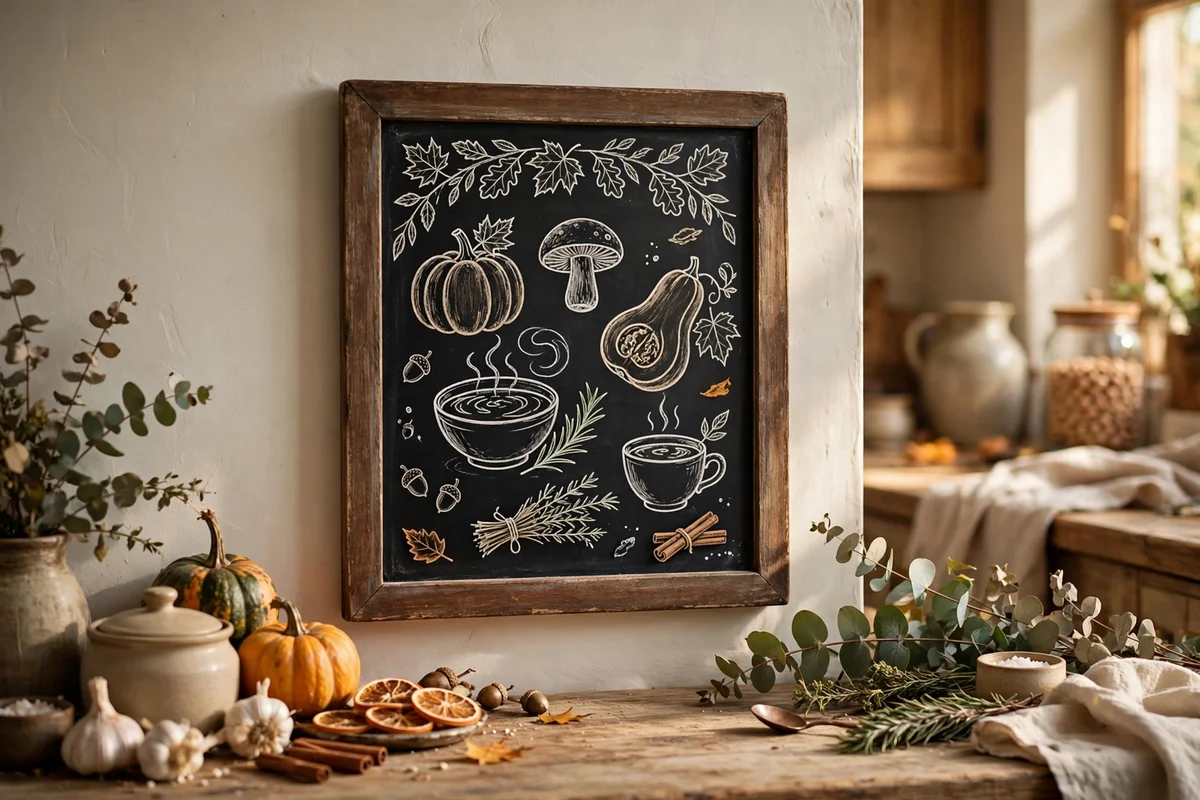 Small chalkboard with a handwritten seasonal menu in the kitchen