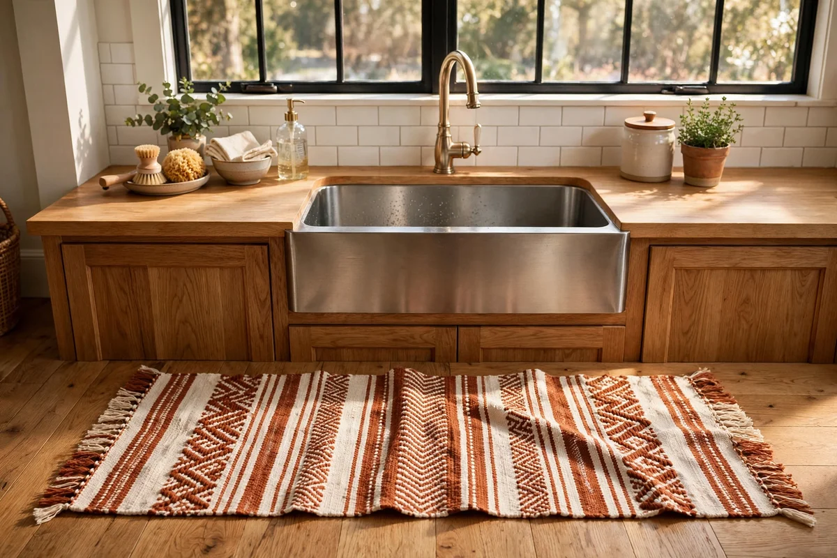 Flatweave runner in rust and cream before the kitchen sink